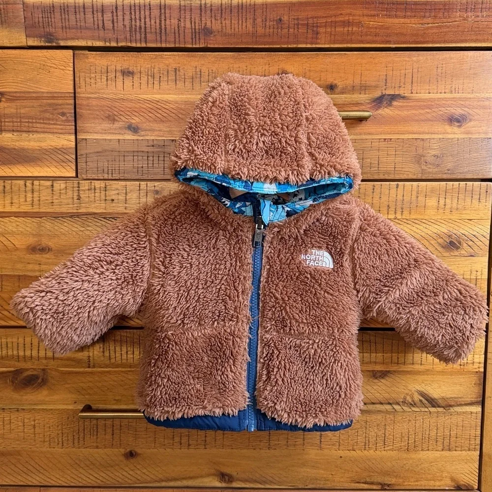 The North Face Blue and White Baby Puffer Reversible Jacket
